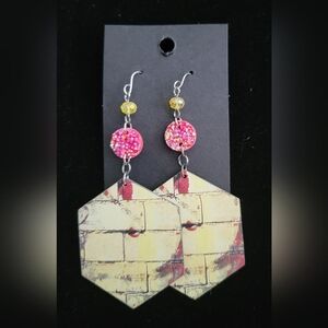 Pink and Yellow Hexagon Dangle Earrings